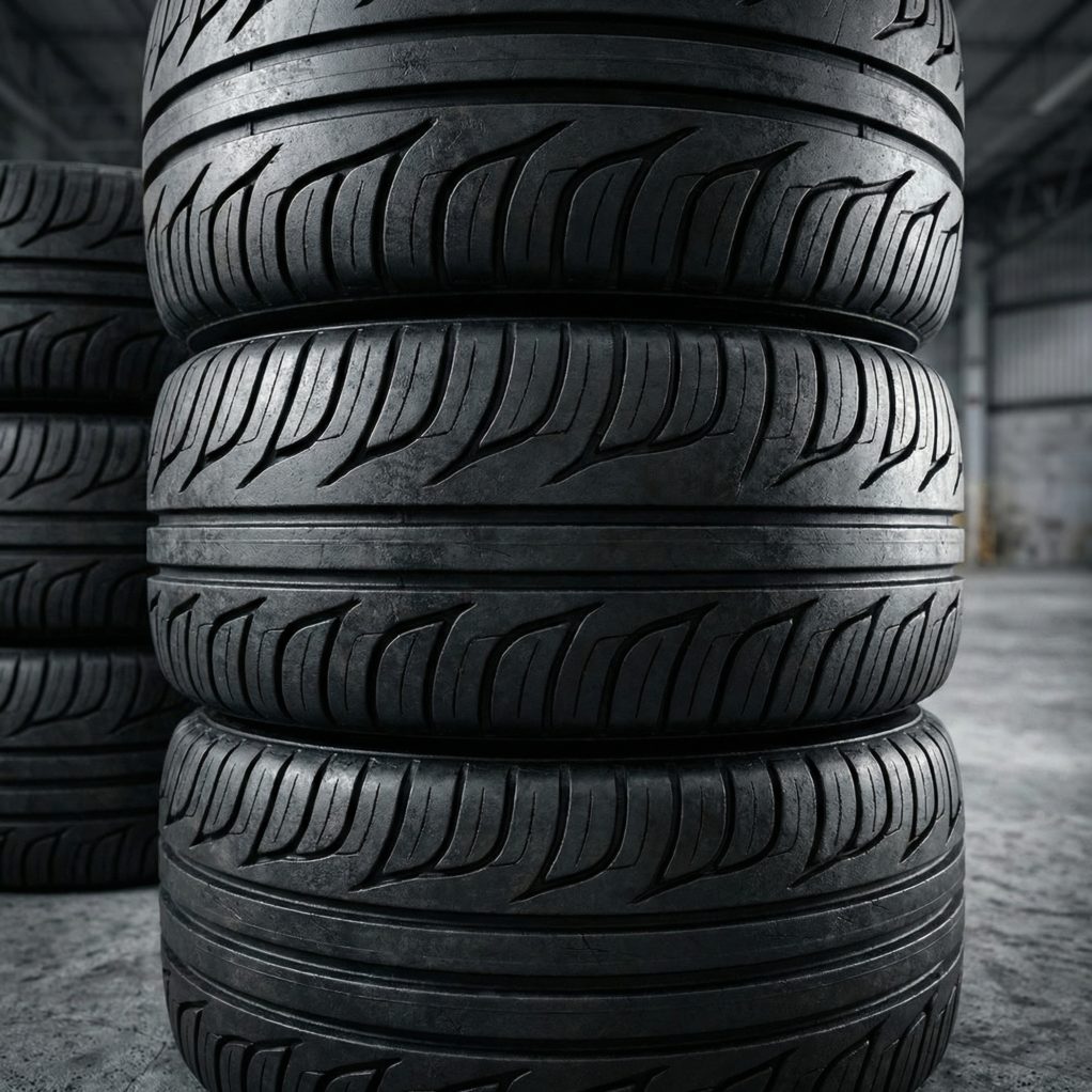 Raskaan kaluston renkaita varastossa